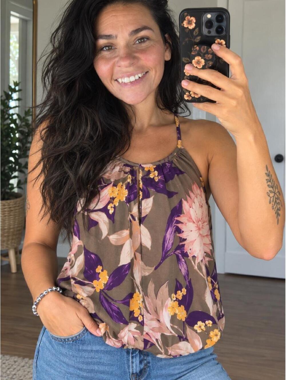 Floral Halter Blouse Purple Taupe Sleeveless High Neck Boho Fall Top